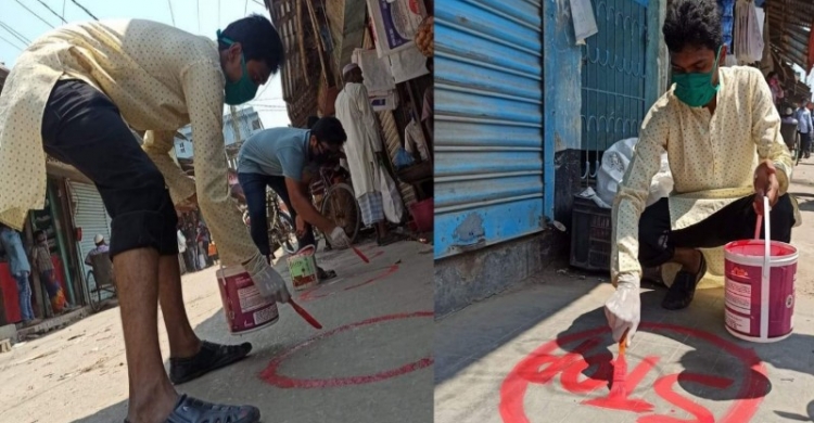 পাথরঘাটায় দূরত্ব বজায় রাখতে ছাত্রলীগ নেতার উদ্যোগে দোকানের সামনে ‘সুরক্ষা বৃত্ত’